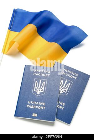 Passaporti con bandiera dell'Ucraina su sfondo bianco Foto Stock