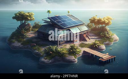 un'isola con pannelli solari sul tetto e alcuni alberi in acqua, come se fosse galleggiante Foto Stock