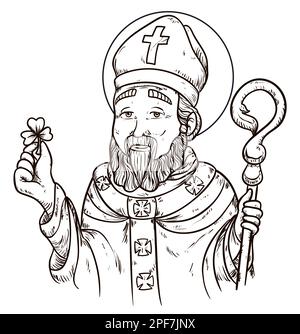 Design in stile disegnato a mano di St. Patrick con shamrock in una mano, un crosier nell'altra, vestiti del vescovo e alone sacro. Illustrazione Vettoriale