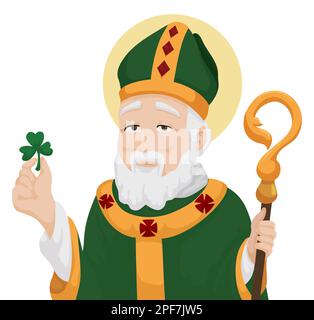 Ritratto di San Patrizio con le vesti del suo vescovo e tenendo uno shamrock. Illustrazione in stile cartoon su sfondo bianco. Illustrazione Vettoriale