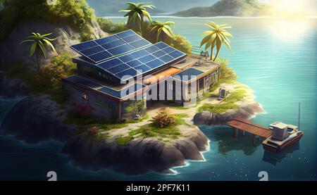 un'isola con pannelli solari sul tetto e alcune barche in acqua accanto è una casa galleggiante Foto Stock