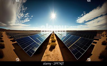 due file di pannelli solari con il sole che splende nel cielo dietro di loro su una strada sterrata e dune di sabbia Foto Stock