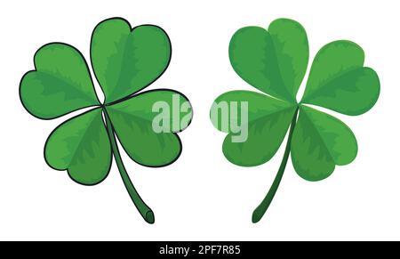 Trifogli o shamrock verdi a quattro foglie in stile cartoon, uno con contorni. Illustrazione Vettoriale