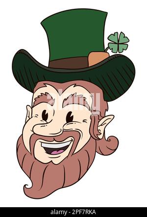 Felice testa Leprechaun con cappello e fortunato trifoglio a quattro foglie. Design in stile cartoon retrò e contorni. Illustrazione Vettoriale