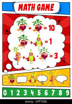 Math gioco foglio di lavoro cartone animato personaggi di supereroi vegetali. La matematica vettoriale si addolcisce con personaggi di super eroi come ravanello, zucca e carote. Chi Illustrazione Vettoriale