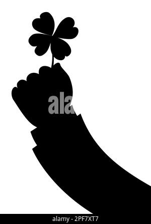 Silhouette nera del braccio con la mano che aggrappa un fortunato trifoglio a quattro foglie su sfondo bianco. Illustrazione Vettoriale