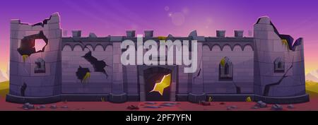 Rotto castello medievale muro di pietra cartoni animati sfondo. Fortezza torre in muratura edificio rovina vettore gioco livello di illustrazione. Scappatoia nella porta della cittadella. Abbandonato antico regno esterno al sorgere del sole. Illustrazione Vettoriale