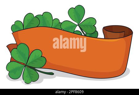 Design irlandese con nastro in bianco di colore arancione decorato con sciamogli verdi. Modello in stile cartone animato. Illustrazione Vettoriale