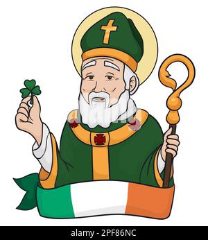 Bandiera irlandese con la figura di San Patrizio con shamrock, crosier, tunica religiosa e mitra. Design in stile cartoon con contorni. Illustrazione Vettoriale