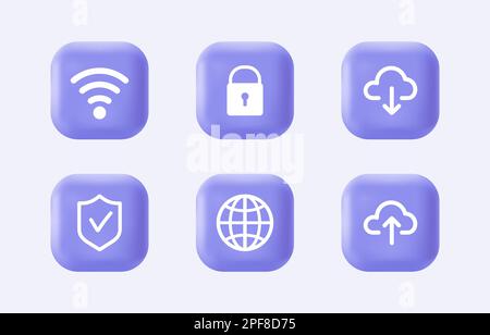 3d set di icone di sicurezza internet. Schermo, wi-fi, blocco, download, caricamento su pulsanti viola realistici. Logo infografico moderno e pittogramma Illustrazione Vettoriale