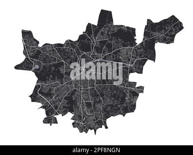 Mappa di Pune. Mappa vettoriale dettagliata dell'area amministrativa della città di Pune. Poster sulla città con vista metropolitana sull'aria. Terra nera con strade e viali bianchi. Che Illustrazione Vettoriale