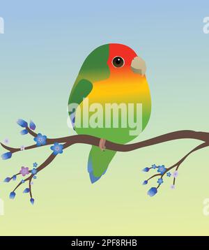 Un lovebird molto carino Rosy-fronted nella forma di un uovo. Sfondo verde sfumato blu morbido. L'uccello è arroccato su un ramo con fiore blu. Illustrazione Vettoriale