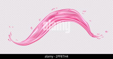 Spruzzi d'acqua rosa, onda di succo di fragola realistica, consistenza cosmetica liquida trasparente o flusso di vino rosa. Illustrazione Vettoriale