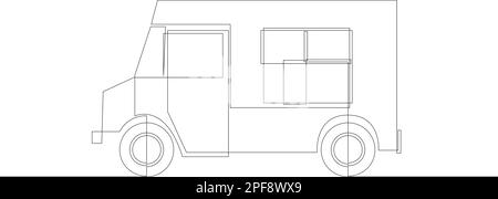 Un carrello per il trasporto di alimenti a linea continua. Concetto di caffetteria mobile vintage furgone fast food. Design grafico moderno a linea singola. Illustrazione vettoriale Illustrazione Vettoriale