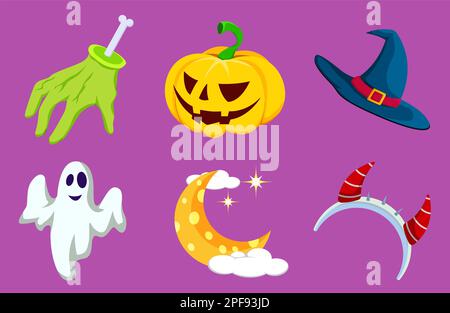 Icone di Halloween vettore elemento set con mano, zucca, cappello strega, fantasma, luna e simbolo del diavolo. Elemento di design per vacanze tradizionali e culturali co Foto Stock