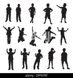 Le silhouette del ragazzo si presentano in diversi movimenti, la collezione di silhouette del bambino in diverse posizioni. Illustrazione Vettoriale