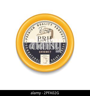 Brie Cheese etichetta rotonda vintage e design della confezione. Schizzo dettagliato del formaggio. Illustrazione di azienda casearia. Progettazione di imballaggi per formaggio. Illustrazione Vettoriale