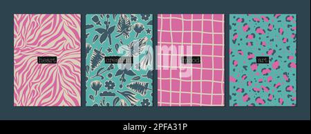 Set di sfondi astratti nei colori rosa, blu e turchese. Motivi floreali, animalistici, varie forme astratte. Illustrazione vettoriale per la progettazione Illustrazione Vettoriale