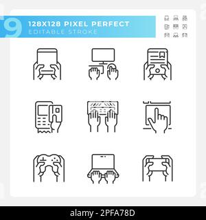 Mani che utilizzano gadget pixel perfetto set di icone lineari Illustrazione Vettoriale