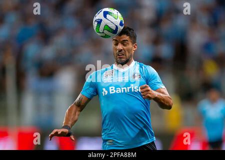 Porto Alegre, Brasile, 16th Mar, 2023. Luis Suarez di Gremio, durante la partita tra Gremio e Ferroviario, per la Coppa del Brasile 2023, allo Stadio Arena do Gremio, a Porto Alegre il 16 marzo. Foto: Richard Ducker/DiaEsportivo/Alamy Live News Foto Stock