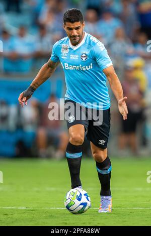 Porto Alegre, Brasile, 16th Mar, 2023. Luís Suarez di Gremio, durante la partita tra Gremio e Ferroviario, per la Coppa del Brasile 2023, allo Stadio Arena do Gremio, a Porto Alegre il 16 marzo. Foto: Richard Ducker/DiaEsportivo/Alamy Live News Foto Stock