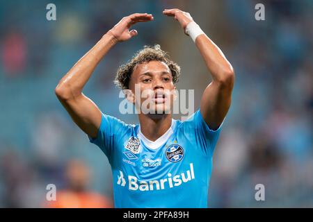 Porto Alegre, Brasile, 16th Mar, 2023. Bitello di Gremio, durante la partita tra Gremio e Ferroviario, per la Coppa del Brasile 2023, allo Stadio Arena do Gremio, a Porto Alegre il 16 marzo. Foto: Richard Ducker/DiaEsportivo/Alamy Live News Foto Stock