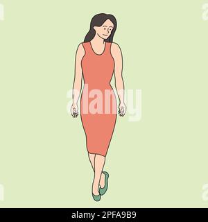 Cute donna in vestito è a piedi con mezzo giro testa. Disegno a mano di una donna. Ragazza in una passeggiata Illustrazione Vettoriale