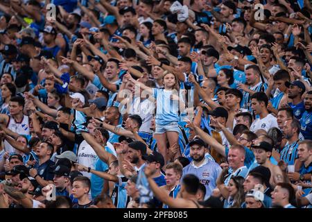 Porto Alegre, Brasile, 16th Mar, 2023. Tifosi di Gremio, durante la partita tra Gremio e Ferroviario, per la Coppa del Brasile 2023, allo Stadio Arena do Gremio, a Porto Alegre il 16 marzo. Foto: Richard Ducker/DiaEsportivo/Alamy Live News Foto Stock