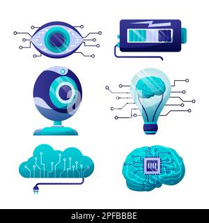 Intelligenza artificiale vettore di disegno elemento set icone. Tecnologia di intelligenza artificiale ed elementi informatici. Tecnologia futuristica servizio e comunicazione artificiale i Foto Stock