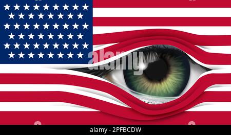 Sorveglianza degli Stati Uniti e sicurezza nazionale degli Stati Uniti o invasione della privacy degli Stati Uniti o concetto americano di spionaggio segreto come bandiera con un occhio umano. Foto Stock
