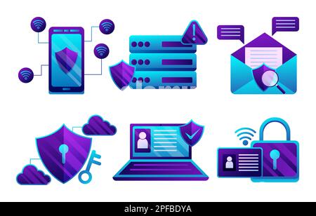Vettore di elementi di progettazione per la protezione dei dati digitali. Set di illustrazioni per la sicurezza informatica. Concetto di sicurezza della rete di cloud computing Foto Stock