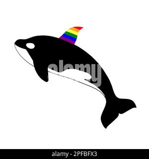 Orca killer balena con orgoglio gay arcobaleno pinna dorsale. Concetto di conservazione della natura della fauna selvatica. Vettore. Clip art isolato su sfondo bianco. Illustrazione Vettoriale