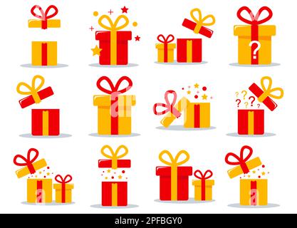 Confezione regalo, omaggio di compleanno, sorpresa. Un set di icone regalo. Illustrazione Vettoriale