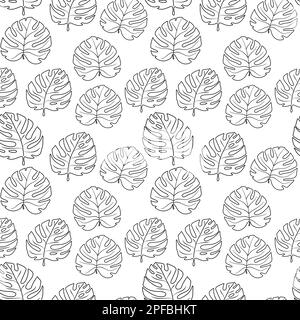 Motivo senza cuciture linee nere foglie di manstera su sfondo bianco. Illustrazione vettoriale Illustrazione Vettoriale