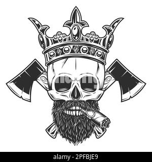 Cranio fumo sigaro o sigaretta in corona reale re con baffi e barba e croce di legno ascia lavoro legno o blem lumberjack Illustrazione Vettoriale