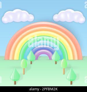 Sfondo foresta 3d in plasticina o polimero in miniatura in tonalità pastello decorato con un grazioso arco arcobaleno di sette colori e nuvole sullo sfondo del cielo. Illustrazione Vettoriale