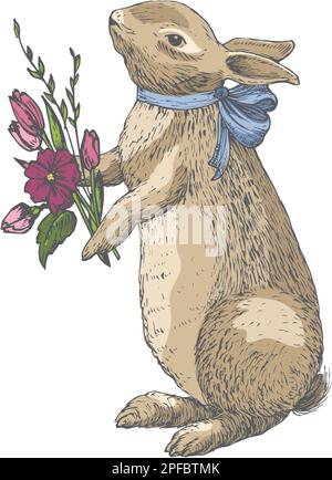 Coniglietto di auguri di Pasqua con fiori disegnato a mano Vector Illustration. Piccolo coniglio che tiene mazzo di fiori di primavera. Stile festivo Illustrazione Vettoriale