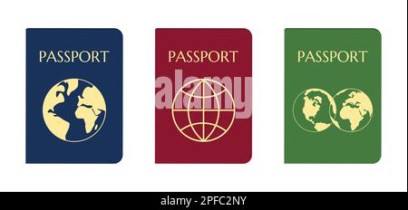 Collezione di passaporti in varo con Globe. Verde, blu, rosso. Illustrazione vettoriale di stile piatto Illustrazione Vettoriale
