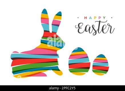 Coniglio e uovo di Pasqua in colori trasparenti e luminosi in stile collage. Design a strisce multicolore su sfondo isolato. Utilizzato per il biglietto d'auguri Illustrazione Vettoriale