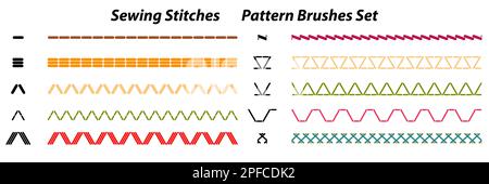 Set punti di cucitura. Bordo della cucitura a macchina senza cuciture. I pennelli pattern raccolano elementi diversi. Linee monocromatiche isolate su sfondo bianco. Illustrazione Vettoriale