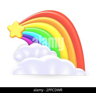 Stella con arcobaleno coda arco da nuvole. Icona isolata su sfondo bianco. Fantasia simbolo di buona fortuna con 3D stella lucida e arcobaleno. Firma per Educa Illustrazione Vettoriale