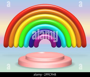 Podio rosa su cielo blu con sfondo arcobaleno. Idee creative minime. Per la presentazione del prodotto o il design del mockup del display. Elemento 3D realistico per p Illustrazione Vettoriale