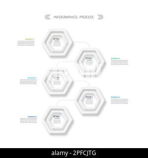 Modello infografico vettoriale con 3D etichette cartacee, cerchi integrati. Concetto aziendale con 5 fasi del progetto aziendale. Per contenuto, diagramma, diagramma di flusso Illustrazione Vettoriale