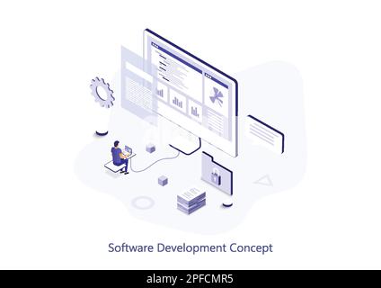 Sviluppo software concetto web isometrico. Le persone programmano in diverse lingue, lavorando con il codice, ottimizzano e personalizzano la scena dei programmi. Vettore il Illustrazione Vettoriale