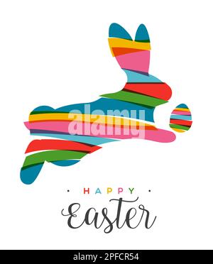 Saltando coniglio di Pasqua e uovo in colori luminosi trasparenti in stile collage. Design a strisce multicolore su sfondo isolato. Utilizzato per il saluto Illustrazione Vettoriale