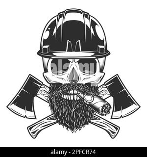 Cranio fumo sigaro o sigaretta e casco con baffi e barba e croce ascia costruzione strumento. Lavorazione del legno aziendale Illustrazione Vettoriale