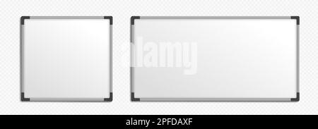 Set realistico di lavagne bianche quadrate e rettangolari isolate su sfondo trasparente. Illustrazione vettoriale di modelli di lavagna vuota per le classi scolastiche, Illustrazione Vettoriale