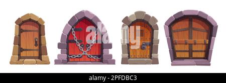 Set di cartoni animati di castello medievale o porte di prigione isolata su sfondo bianco. Illustrazione vettoriale di vecchie porte in legno con arco in pietra, catena in ferro e. Illustrazione Vettoriale