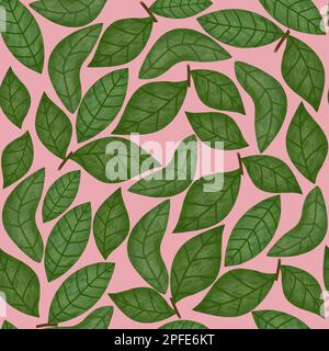 Foglie verdi su sfondo rosa senza cuciture. Stampa allover con foglie testurizzate disegnate a mano. Primavera raster senza fine sfondo Foto Stock