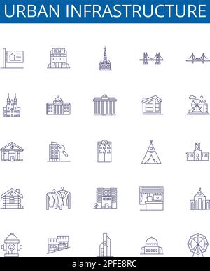 Set di simboli delle linee delle infrastrutture urbane. Collezione di design di paesaggi, strade, ponti, ferrovie, fognature, Utilità, lampioni, Utilità Illustrazione Vettoriale